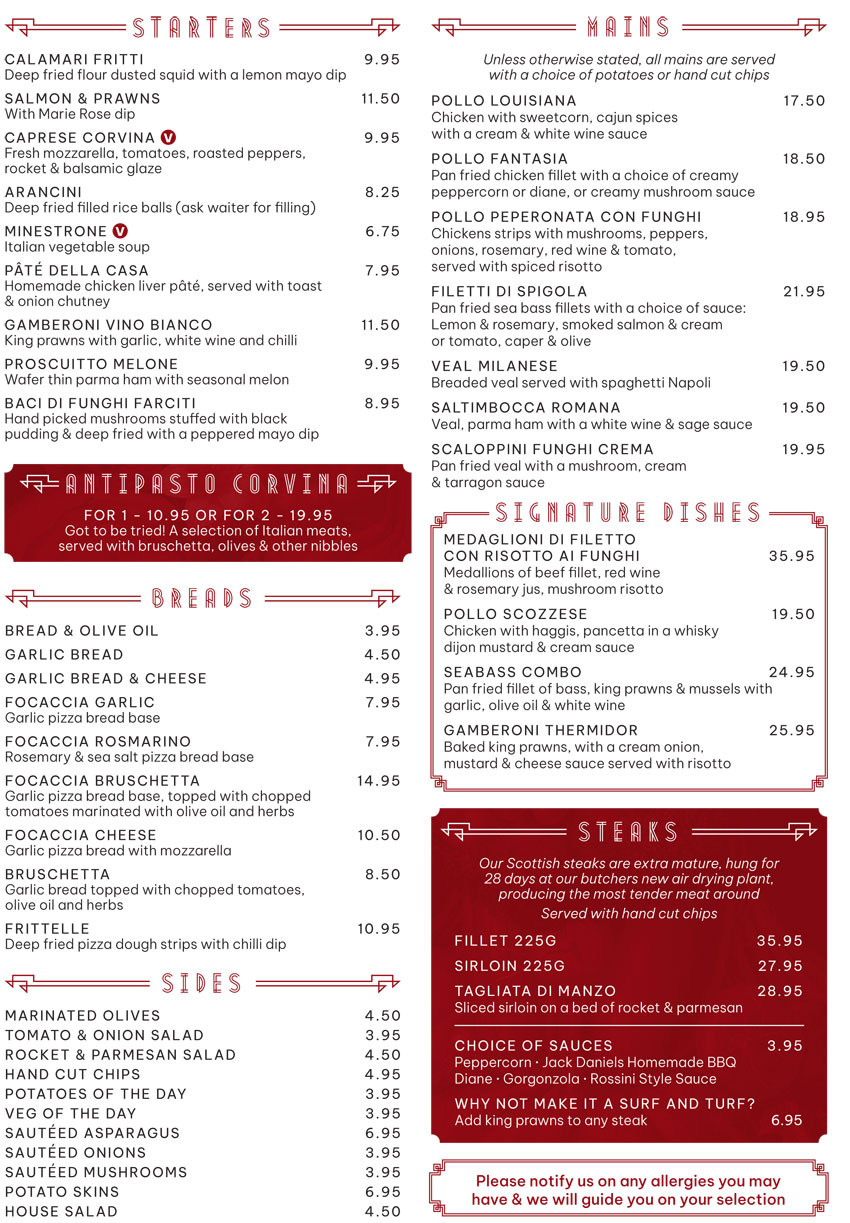 A la carte menu