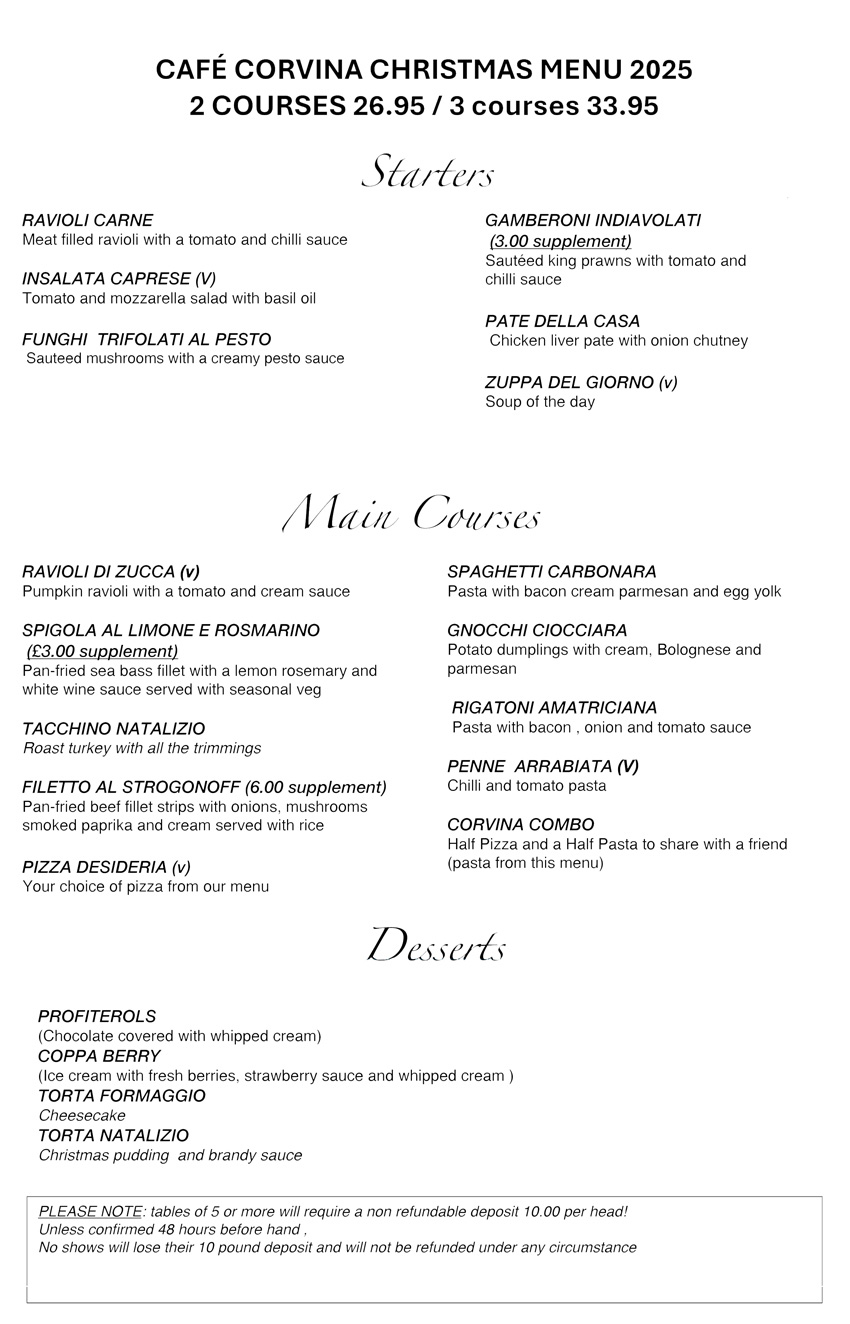 Cafe Corvina Christmas Menu 2025